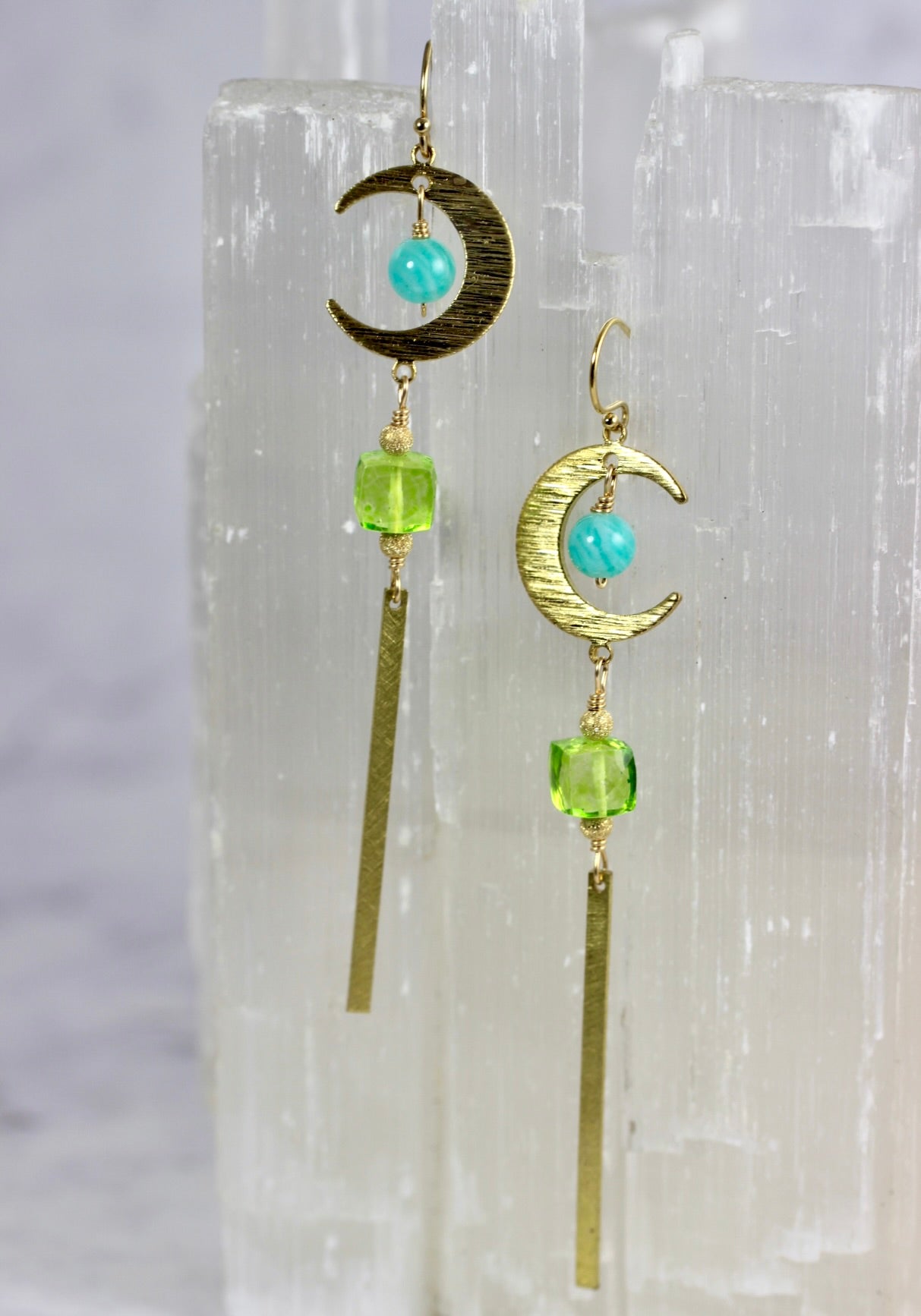 Brass Moon Amazonite Long Drop Earrings