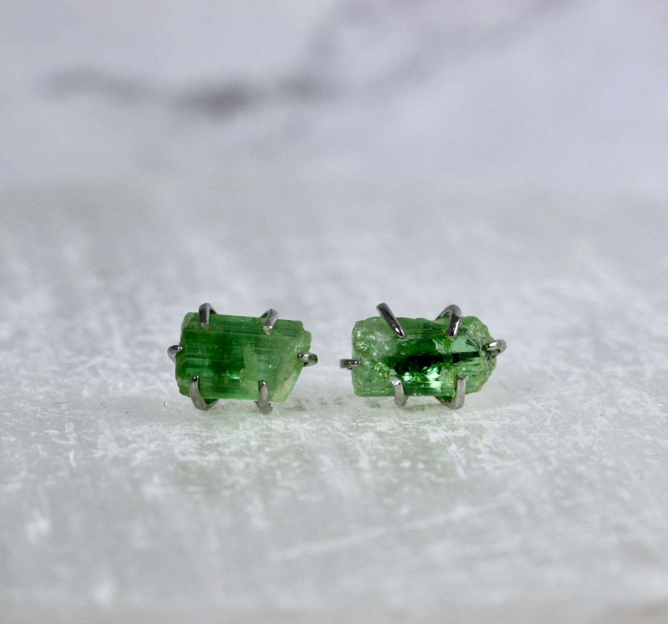 Green Tourmaline Crystal Stud Earrings