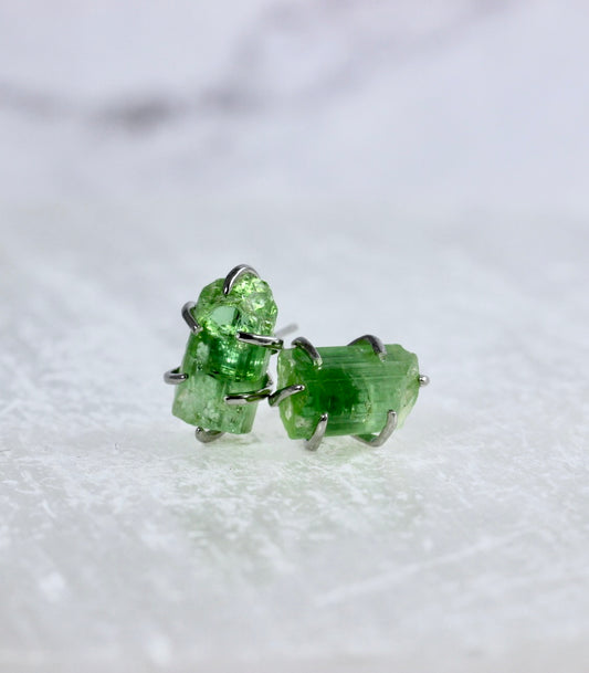 Green Tourmaline Crystal Stud Earrings