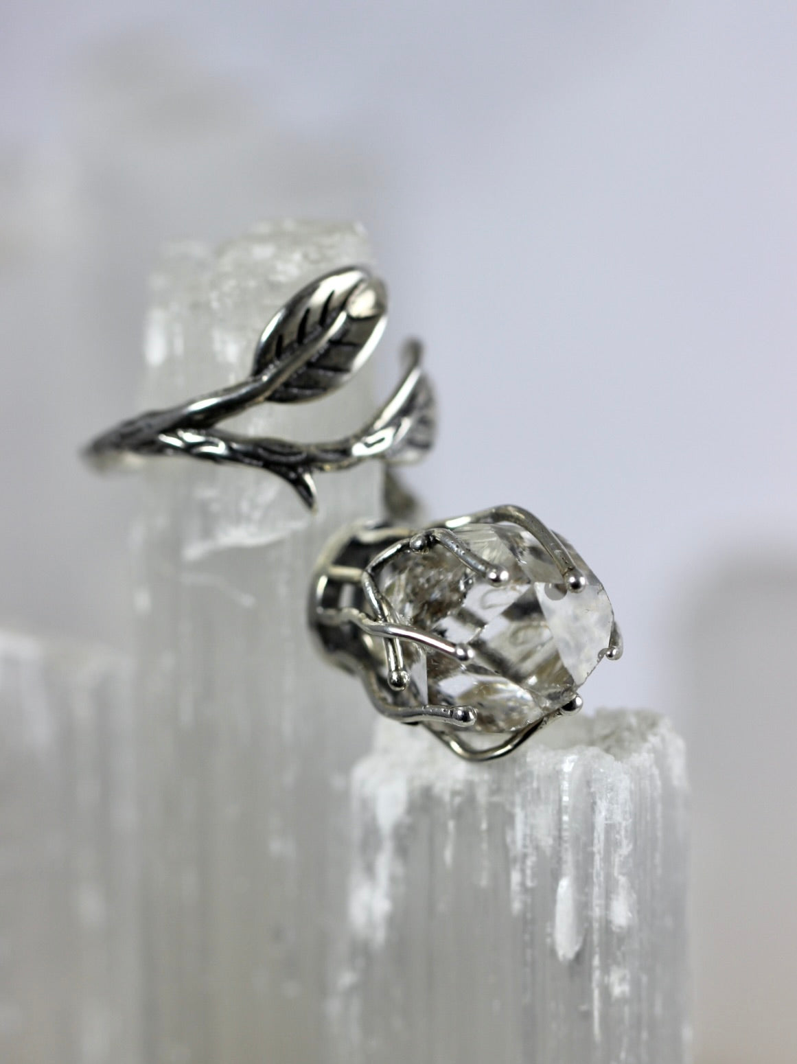 Dramatic Herkimer Diamond Silver Vine Ring