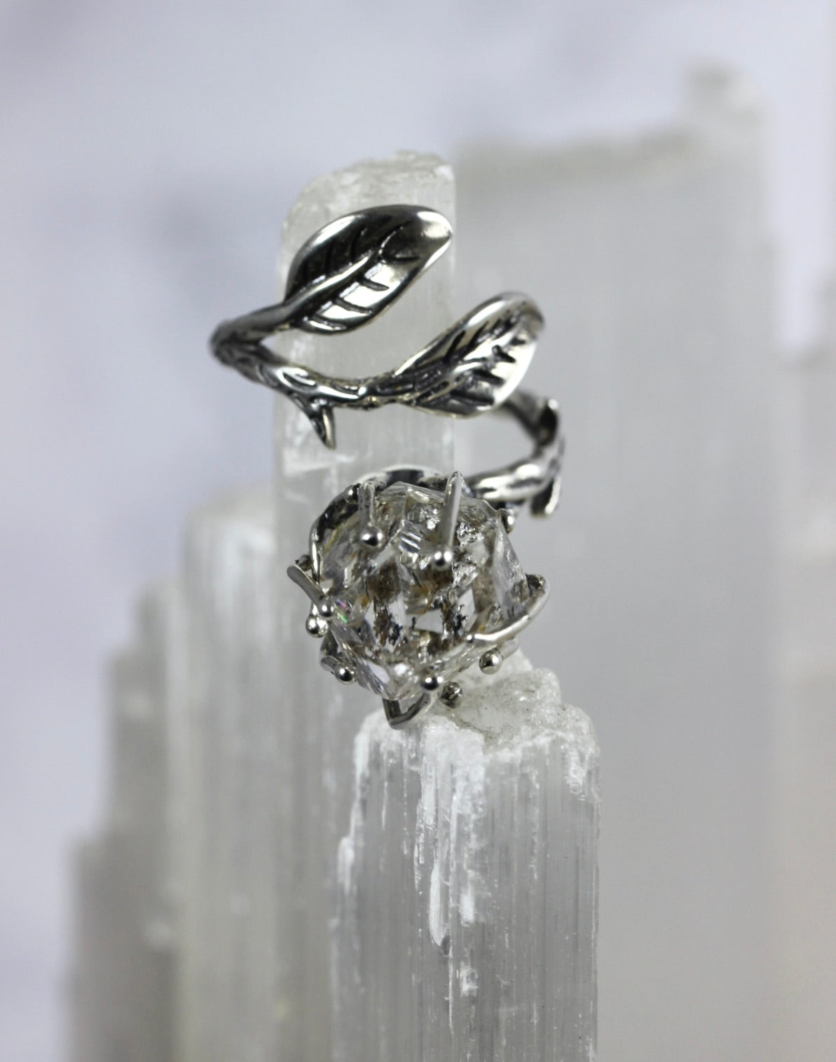 Dramatic Herkimer Diamond Silver Vine Ring