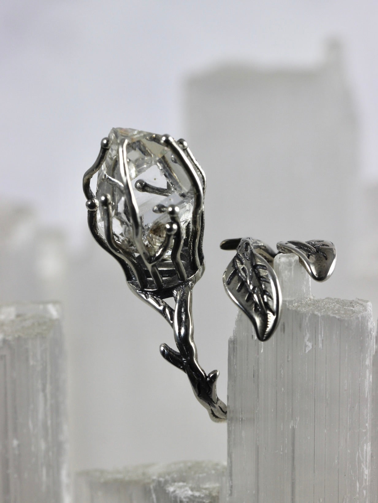 Dramatic Herkimer Diamond Silver Vine Ring