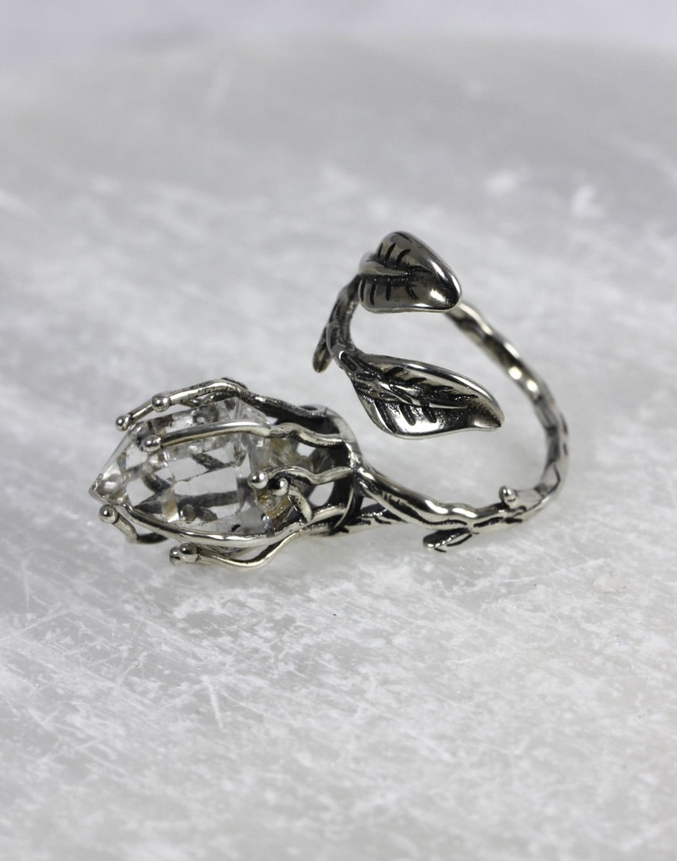 Dramatic Herkimer Diamond Silver Vine Ring