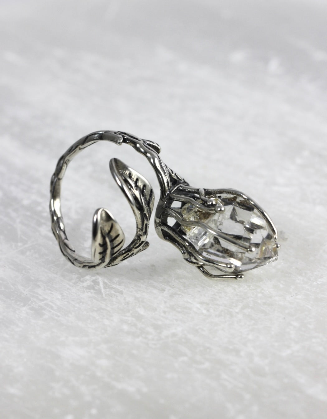 Dramatic Herkimer Diamond Silver Vine Ring
