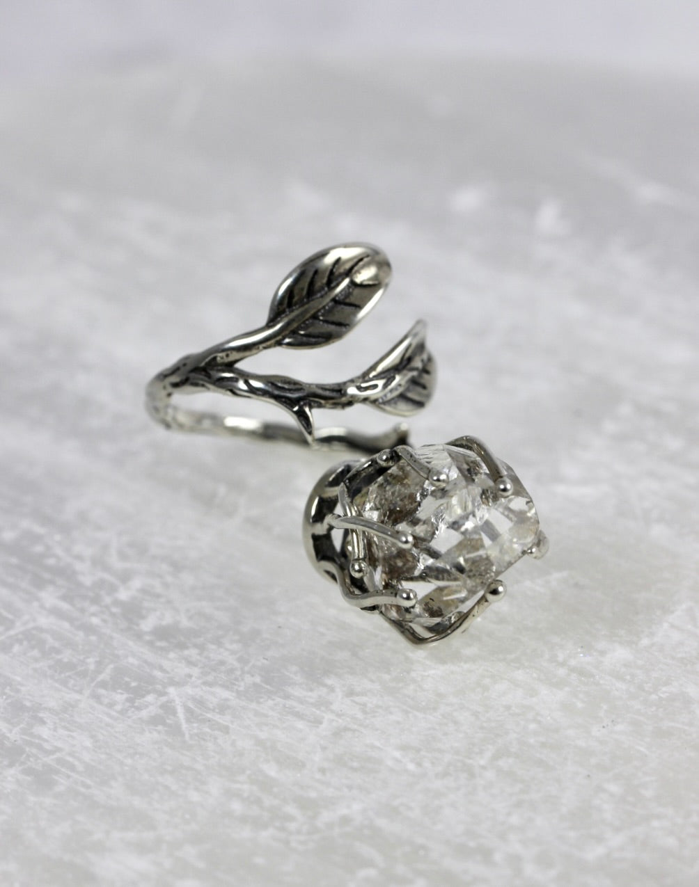 Dramatic Herkimer Diamond Silver Vine Ring