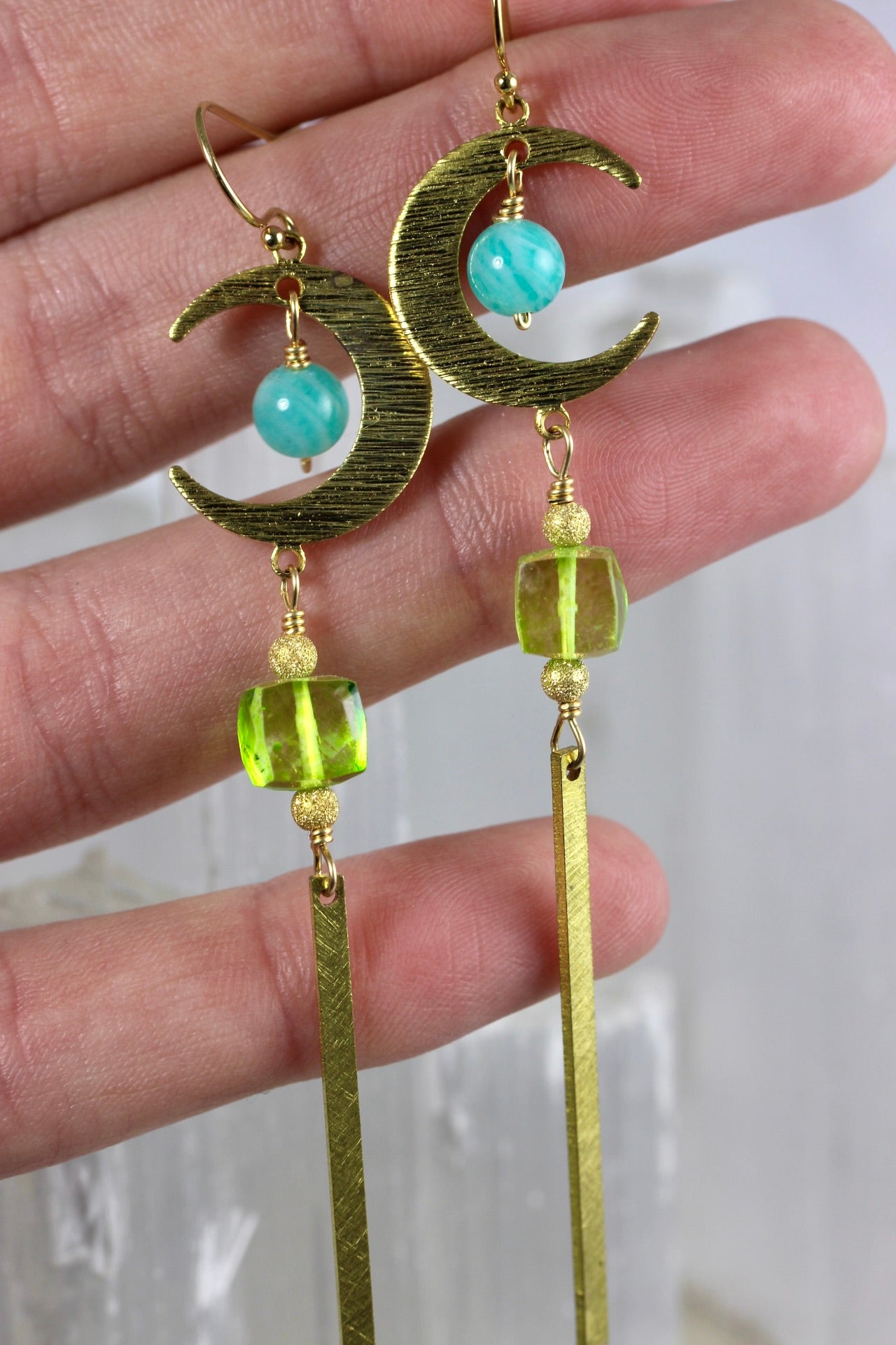Brass Moon Amazonite Long Drop Earrings