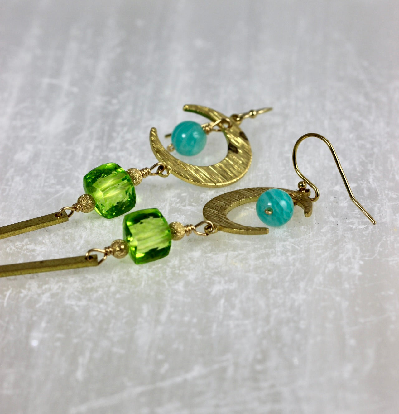 Brass Moon Amazonite Long Drop Earrings