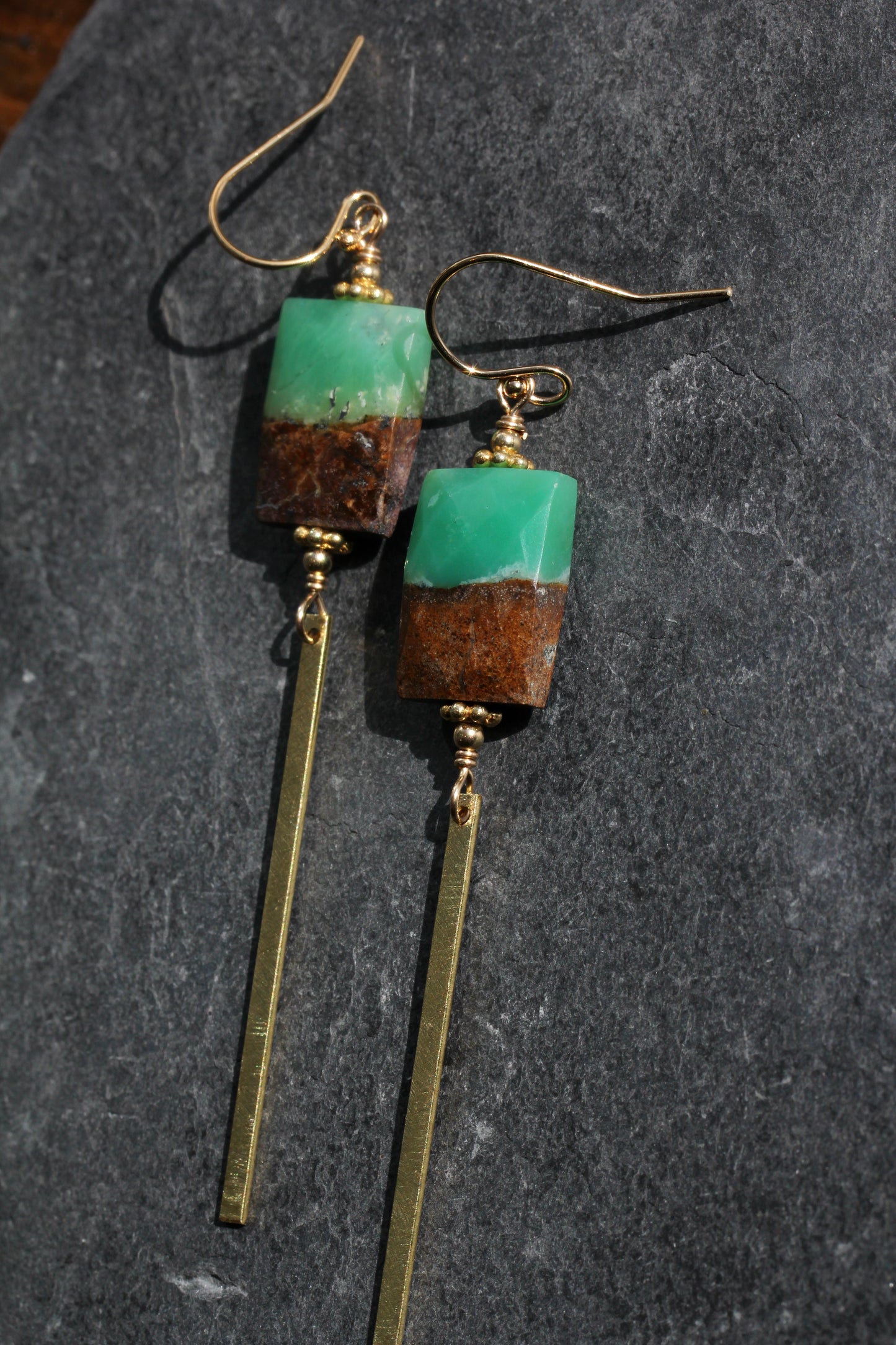 Chrysoprase Rectangle Brass Bar Drop Earrings