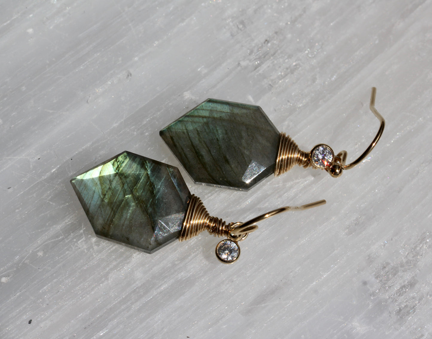 Labradorite Hexagonal Gold Wrap Earrings