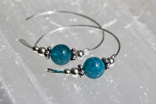 Blue Apatite Bali Silver Bead Hoops