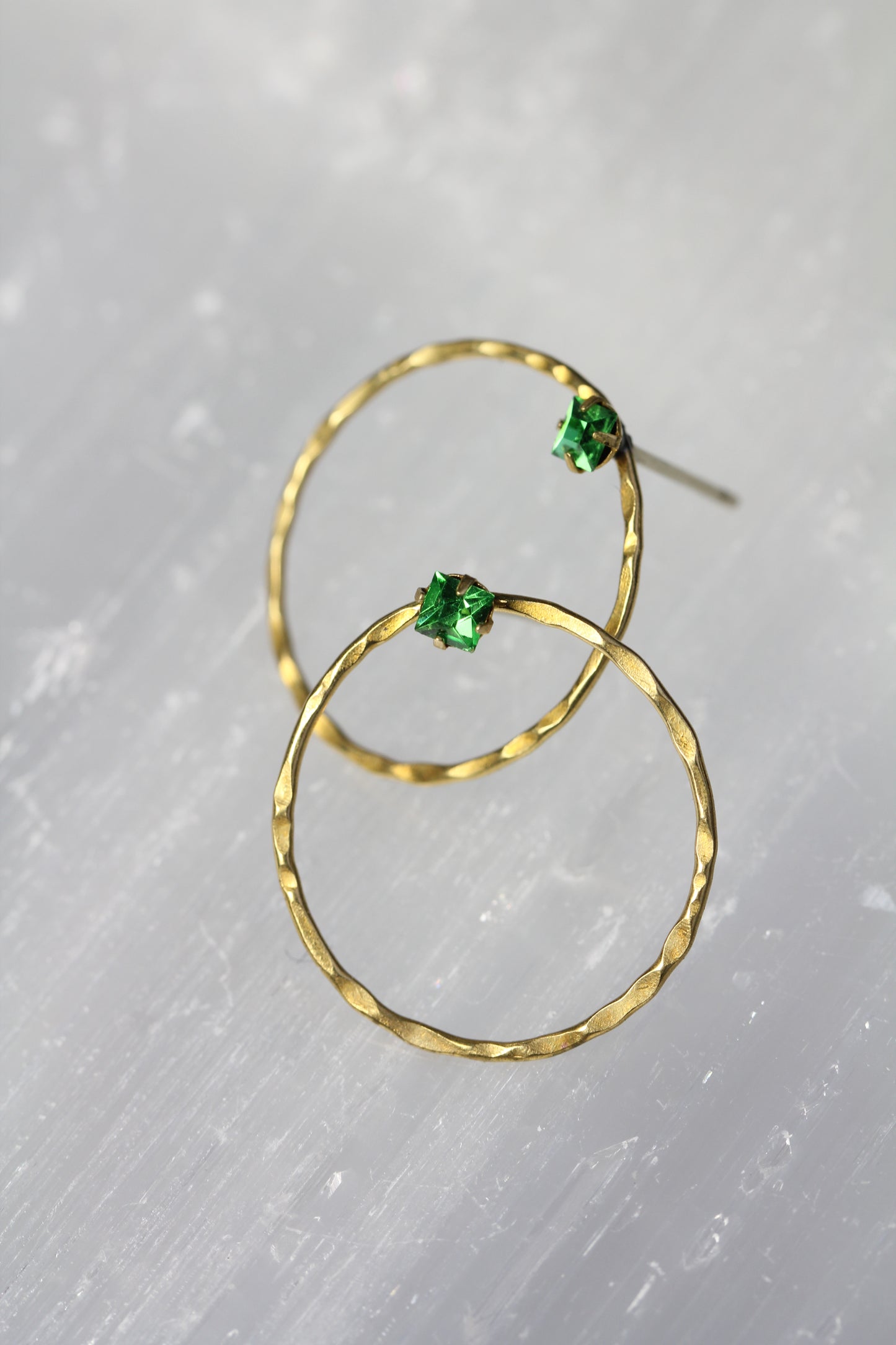 Hammered Brass Green Crystal Hoop Post Earrings