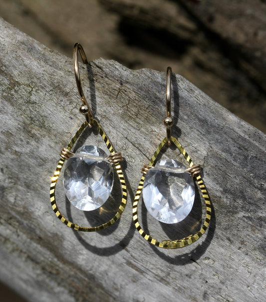 Rock Crystal Quartz Brass Tear Drop Earrings