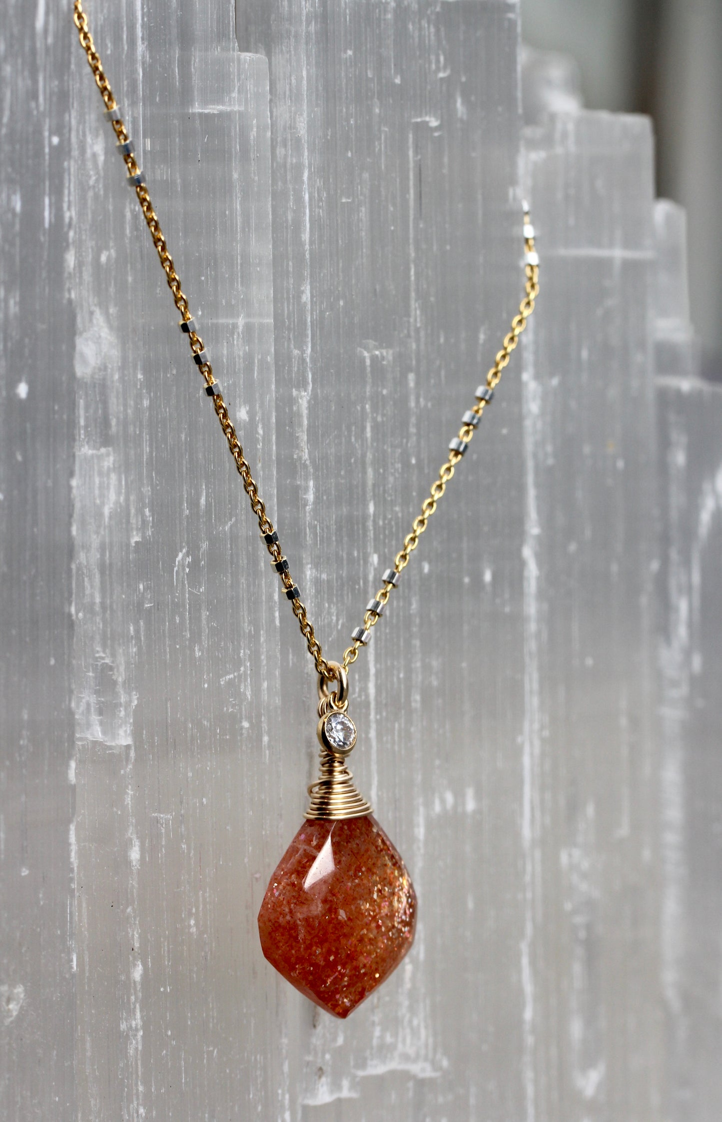 Sunstone Two Toned Necklace with Cubic Zirconia