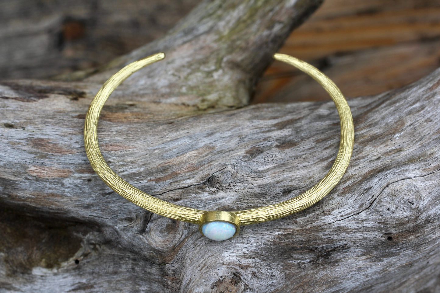 Created White Opal Brass Cuff