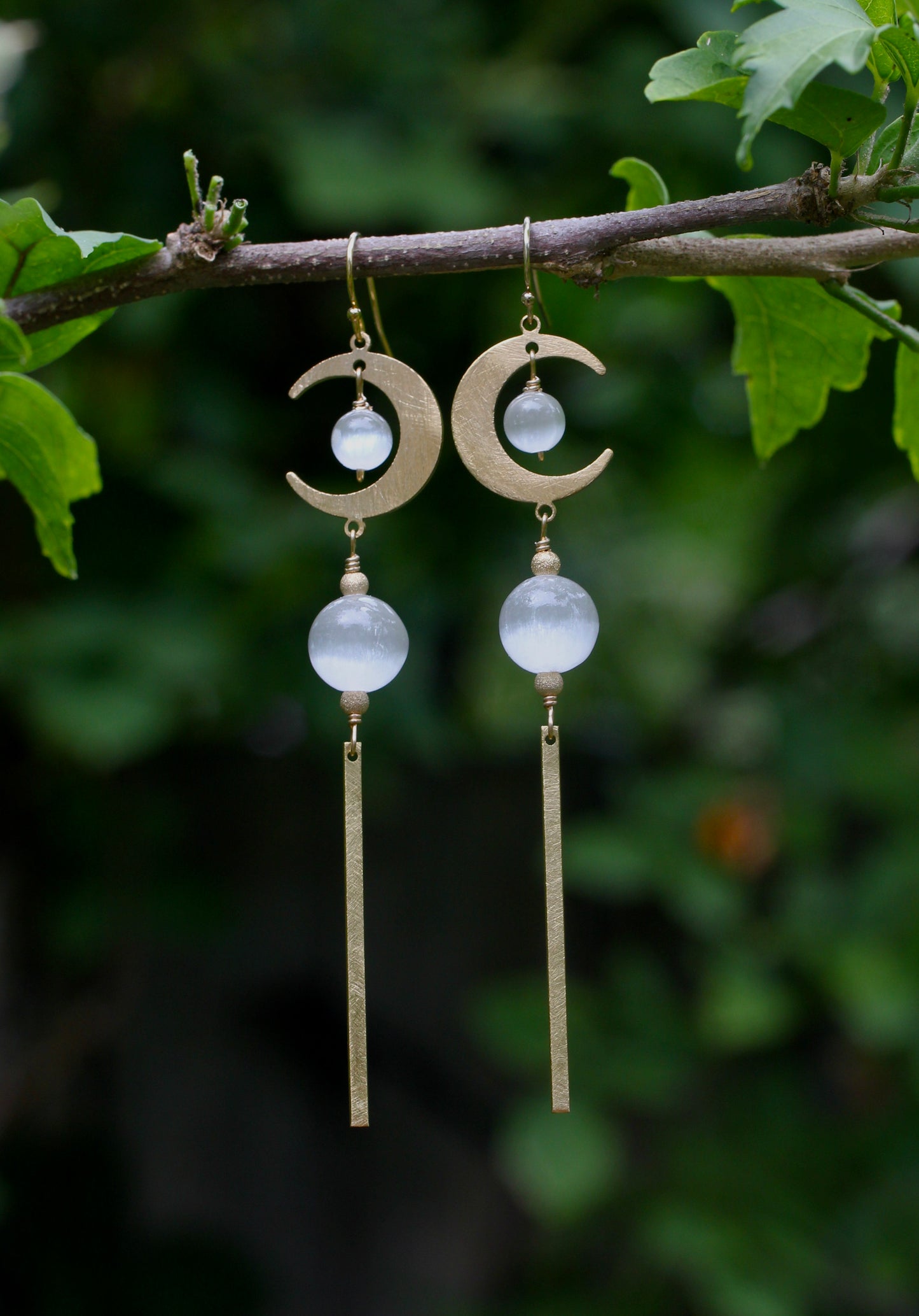 Brass Moon Selenite Long Drop Earrings