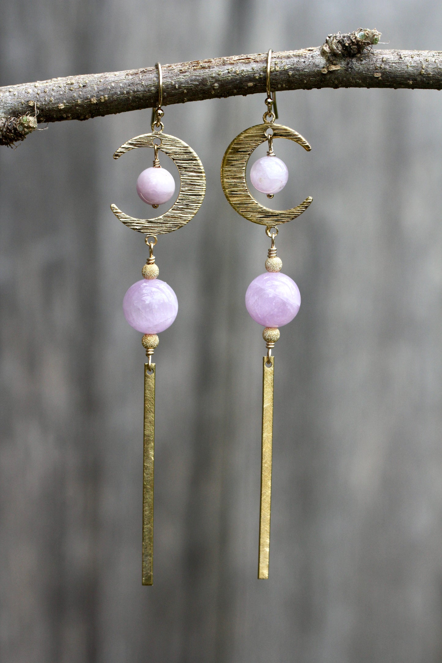 Brass Moon Kunzite Long Drop Earrings