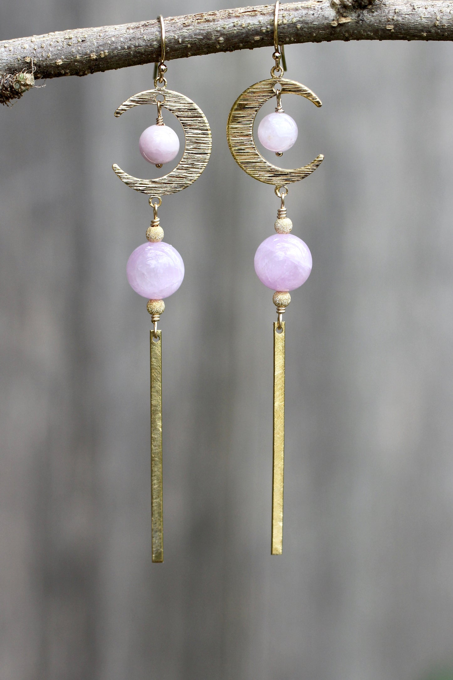 Brass Moon Kunzite Long Drop Earrings