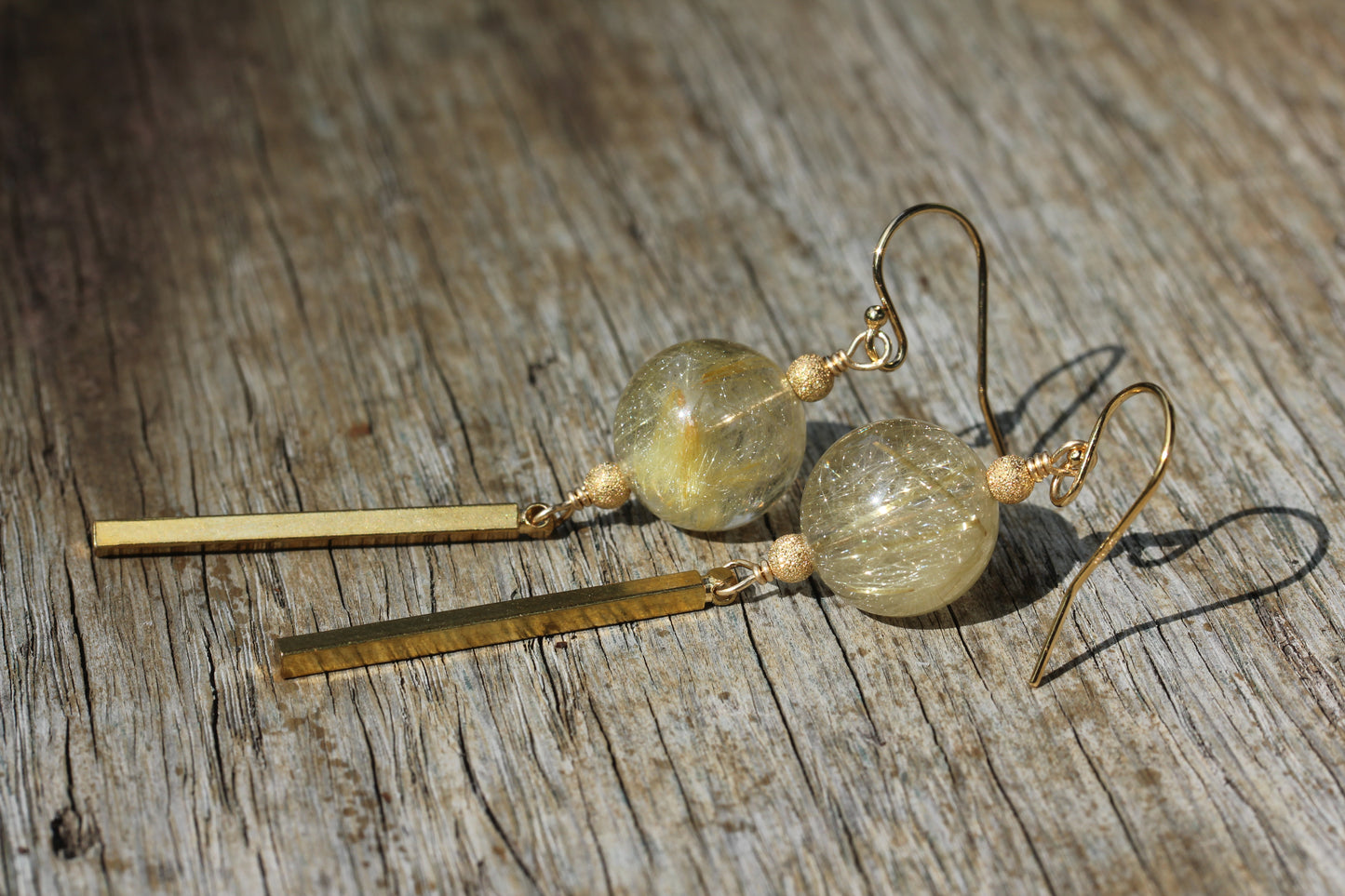 Rutilated Quartz Brass Bar Earrings