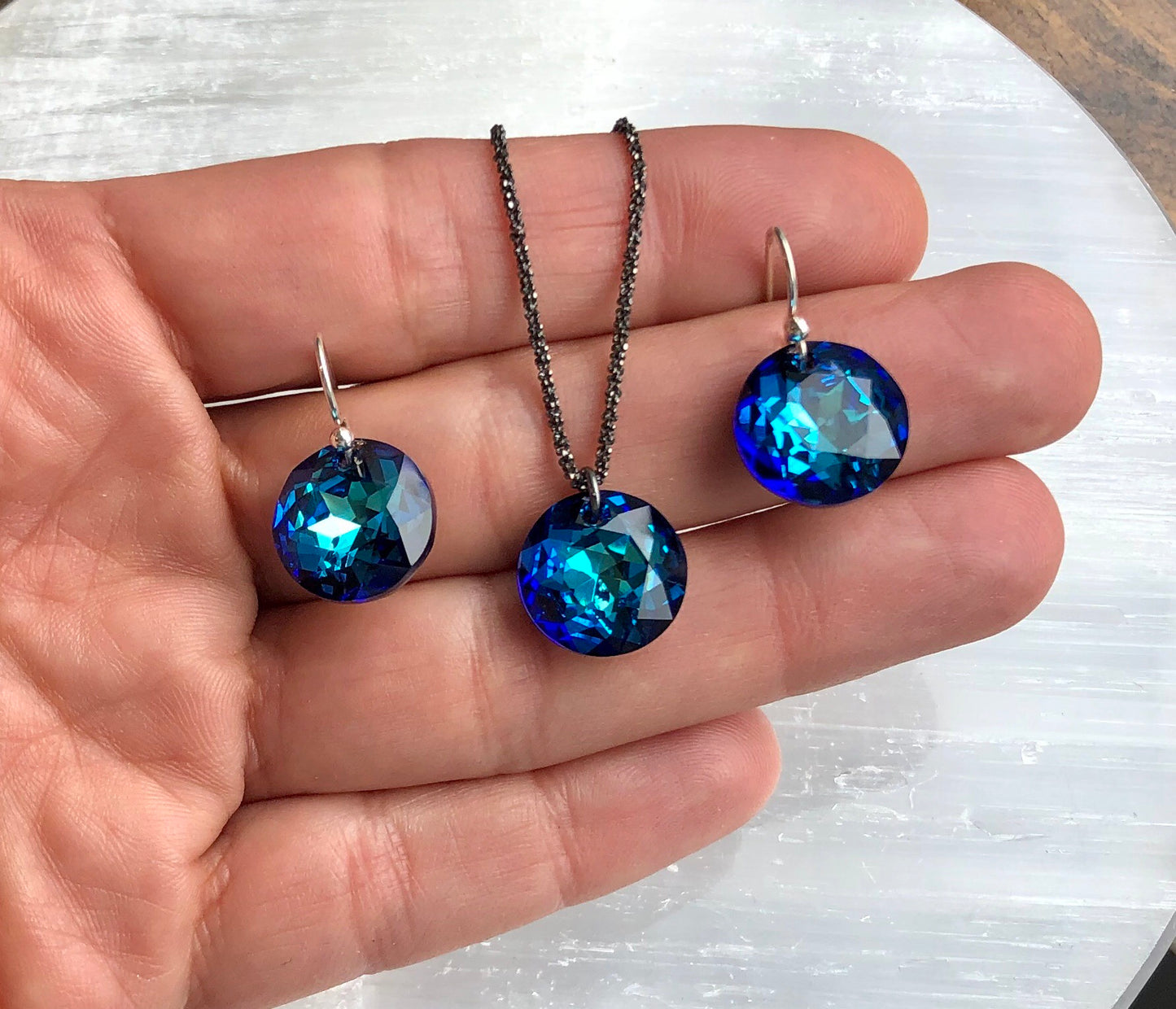 Bermuda Blue Austrian Crystal Dime Drop Necklace