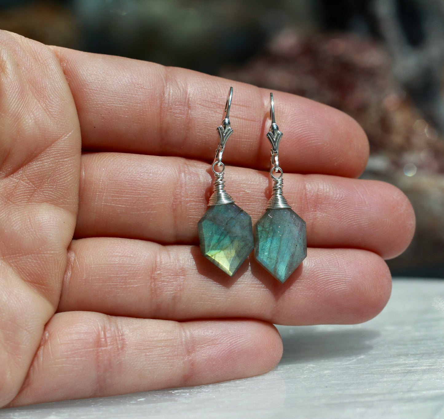 Labradorite Hexagonal Silver Wrap Earrings