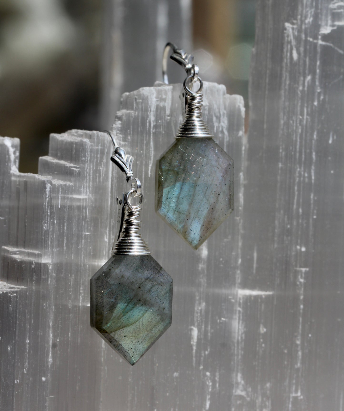 Labradorite Hexagonal Silver Wrap Earrings