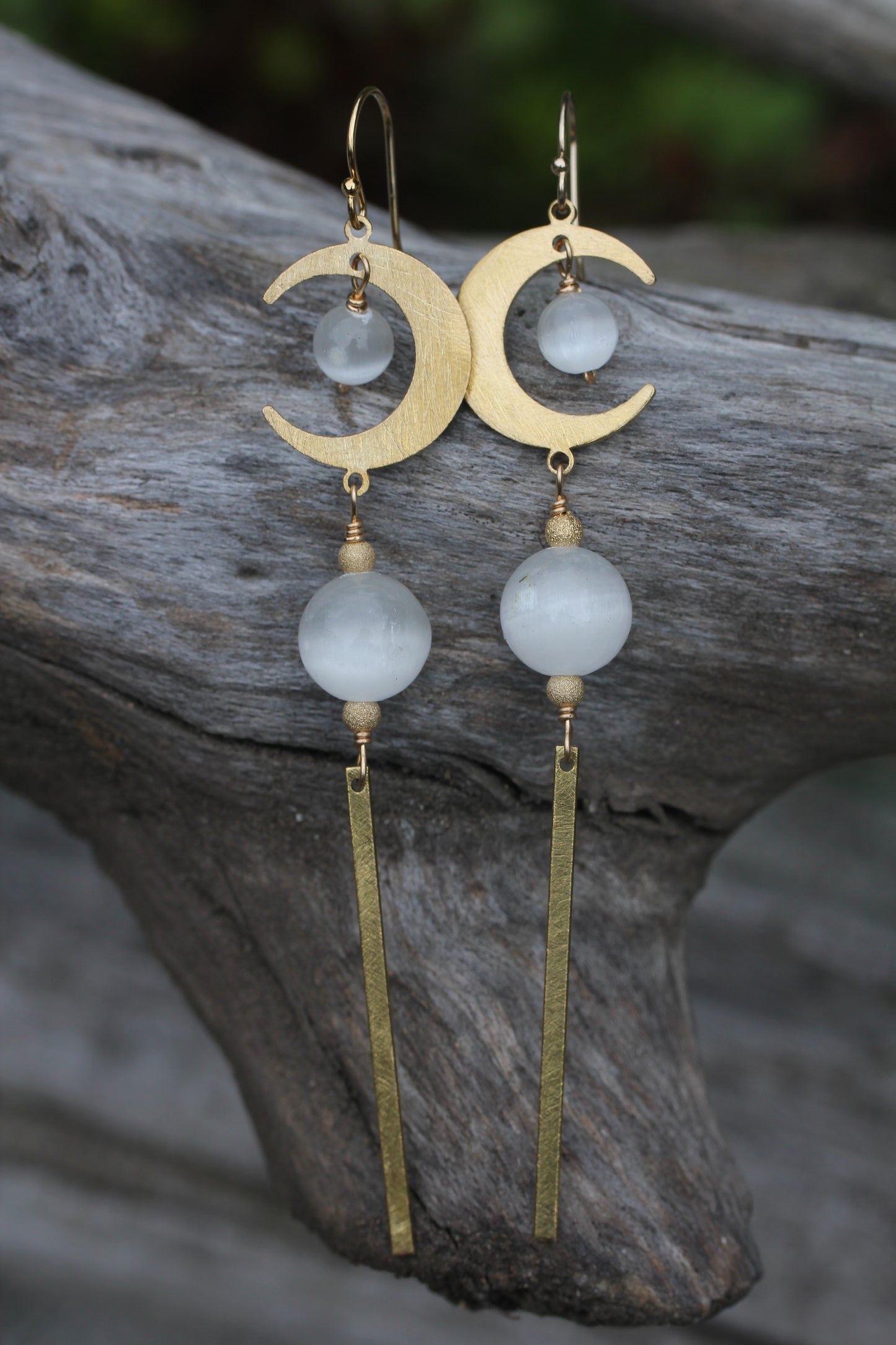 Brass Moon Selenite Long Drop Earrings