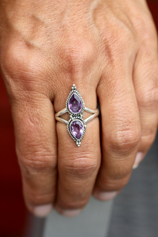 Amethyst Double Teardrop Ring