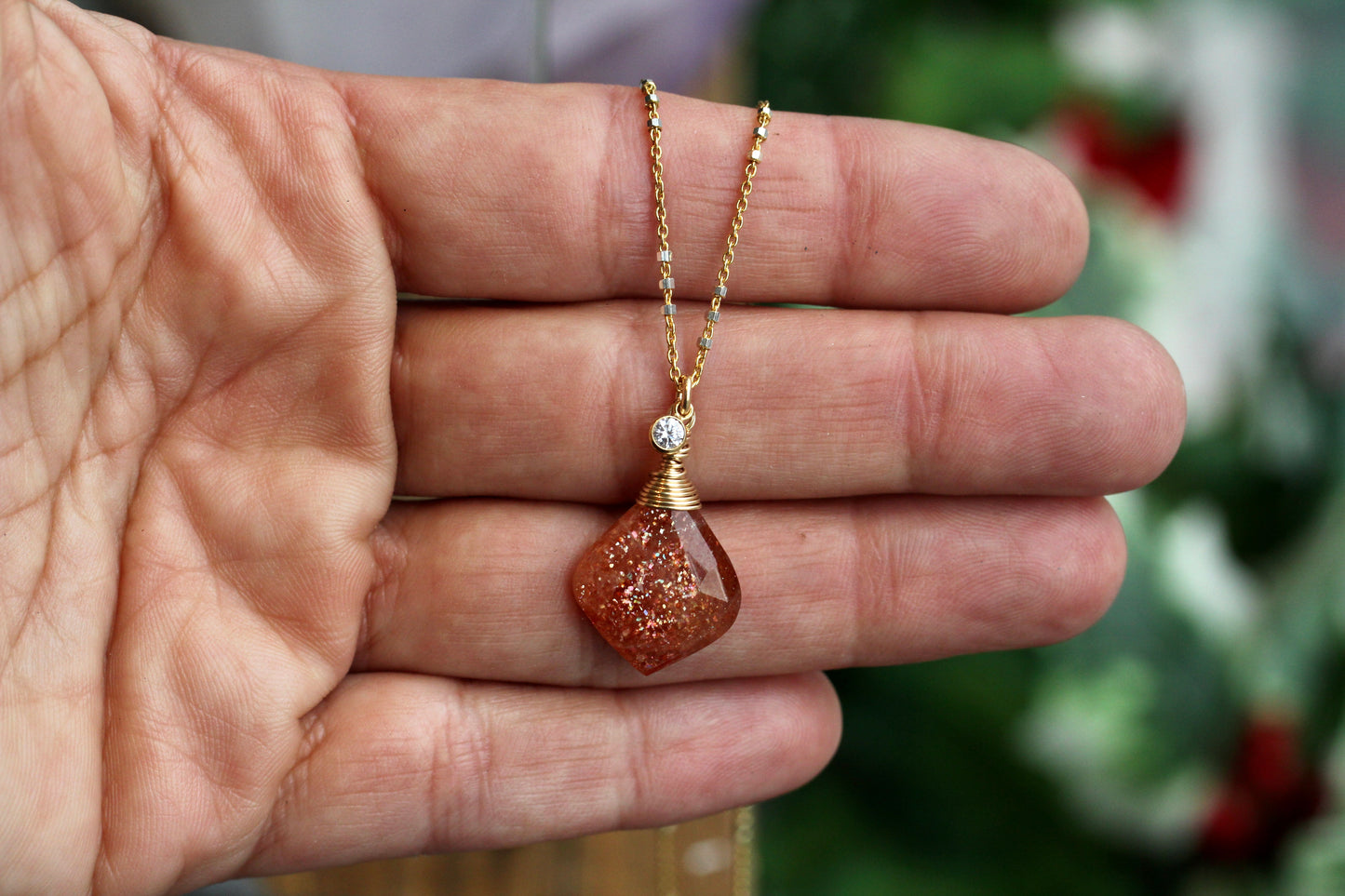 Sunstone Two Toned Necklace with Cubic Zirconia