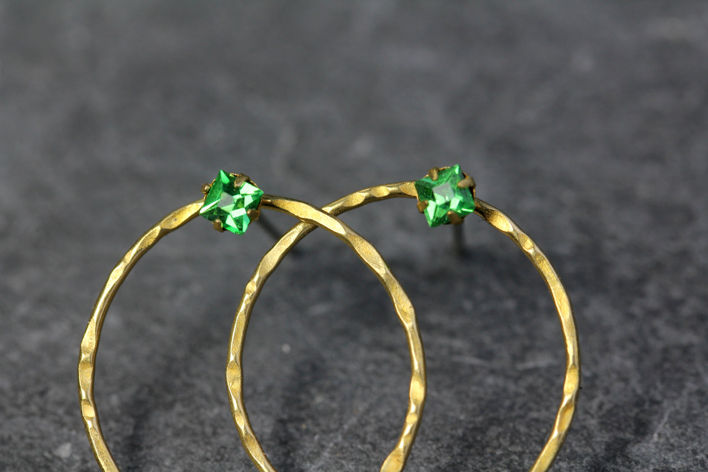 Hammered Brass Green Crystal Hoop Post Earrings