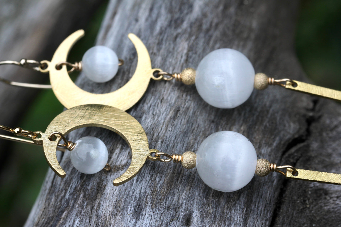 Brass Moon Selenite Long Drop Earrings