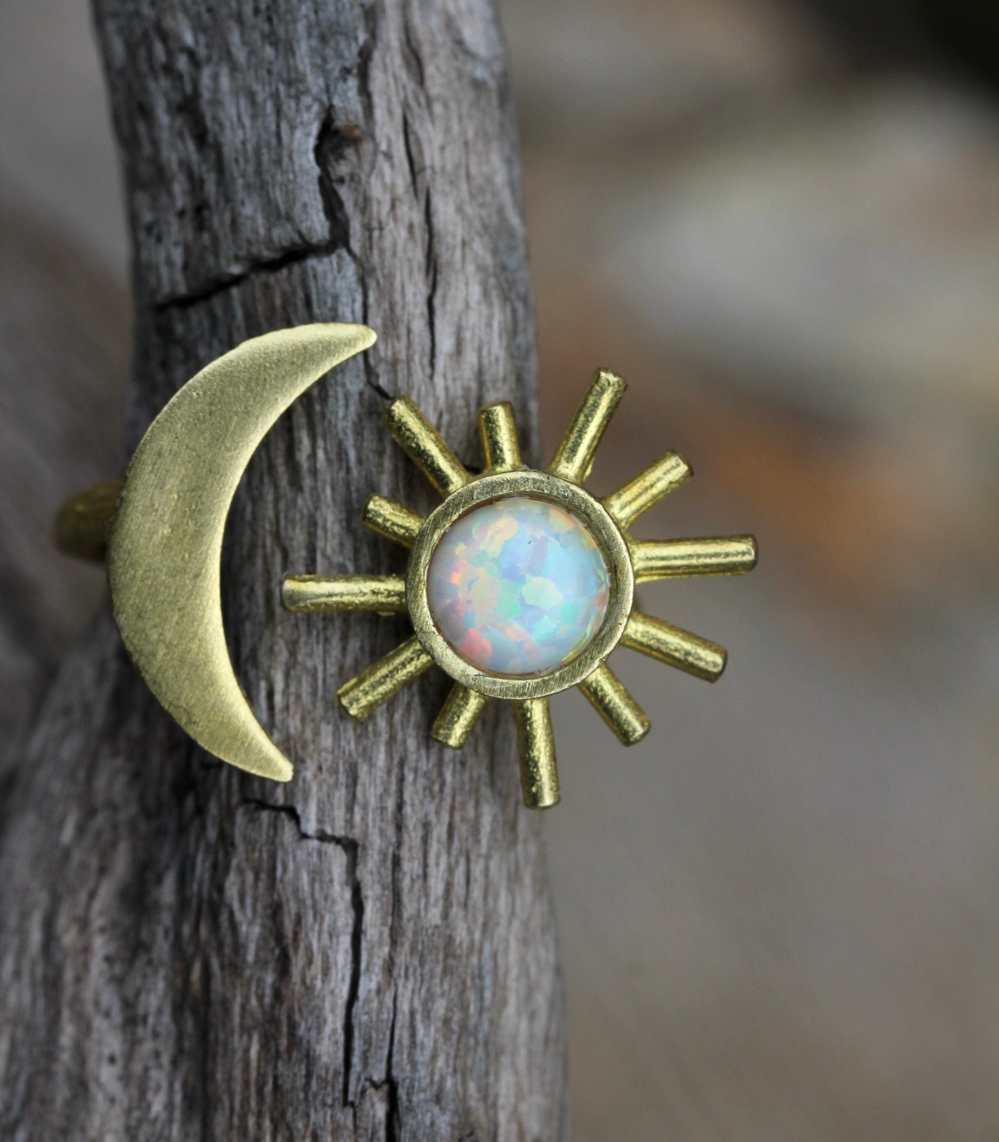 Opal Moon and Sun Brass Ring