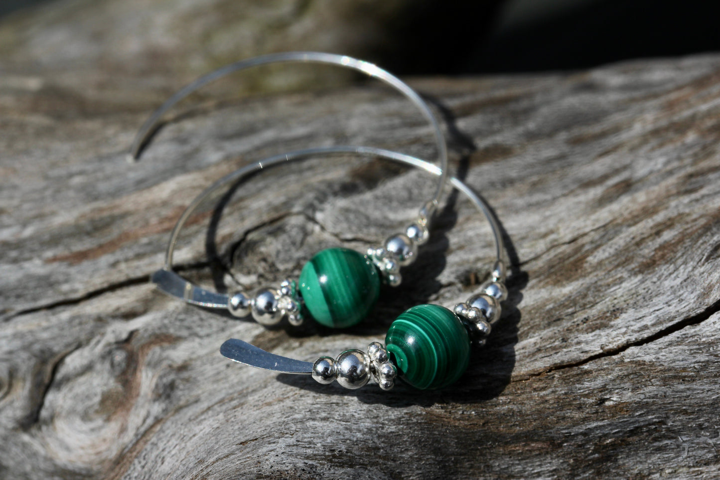 Malachite Bali Silver Bead Hoops