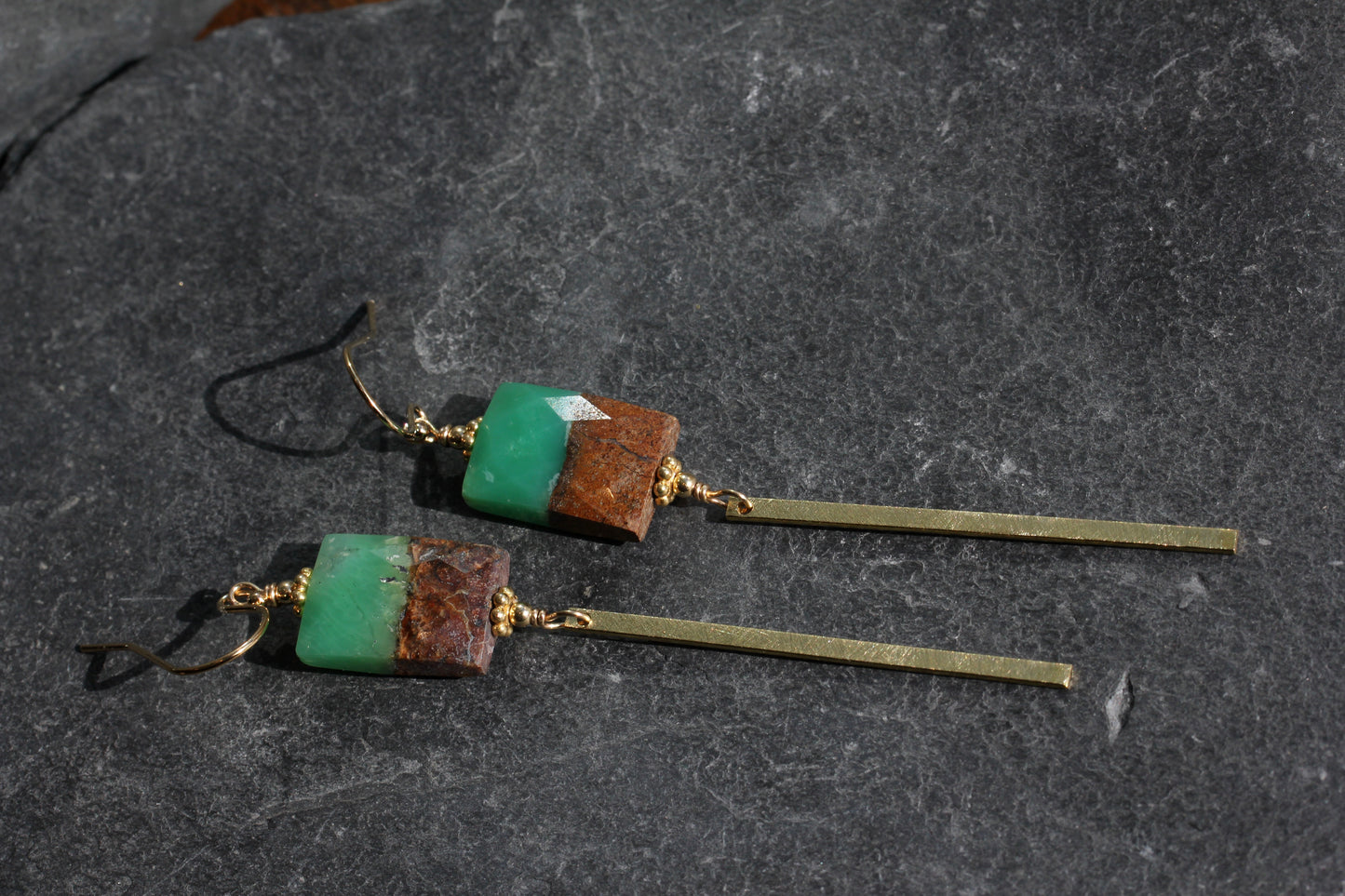 Chrysoprase Rectangle Brass Bar Drop Earrings