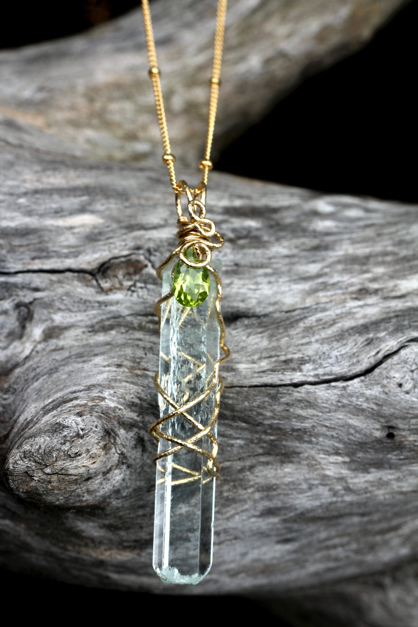 Aquamarine Crystal with Peridot Gold Necklace