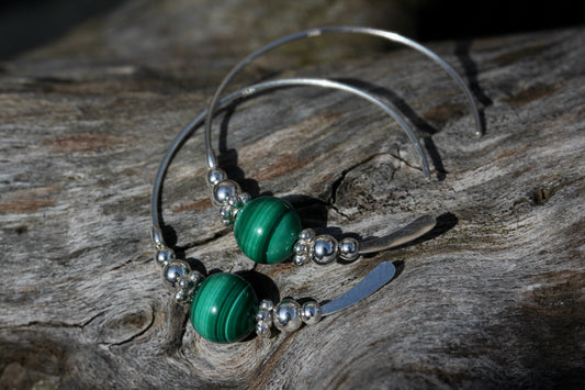 Malachite Bali Silver Bead Hoops