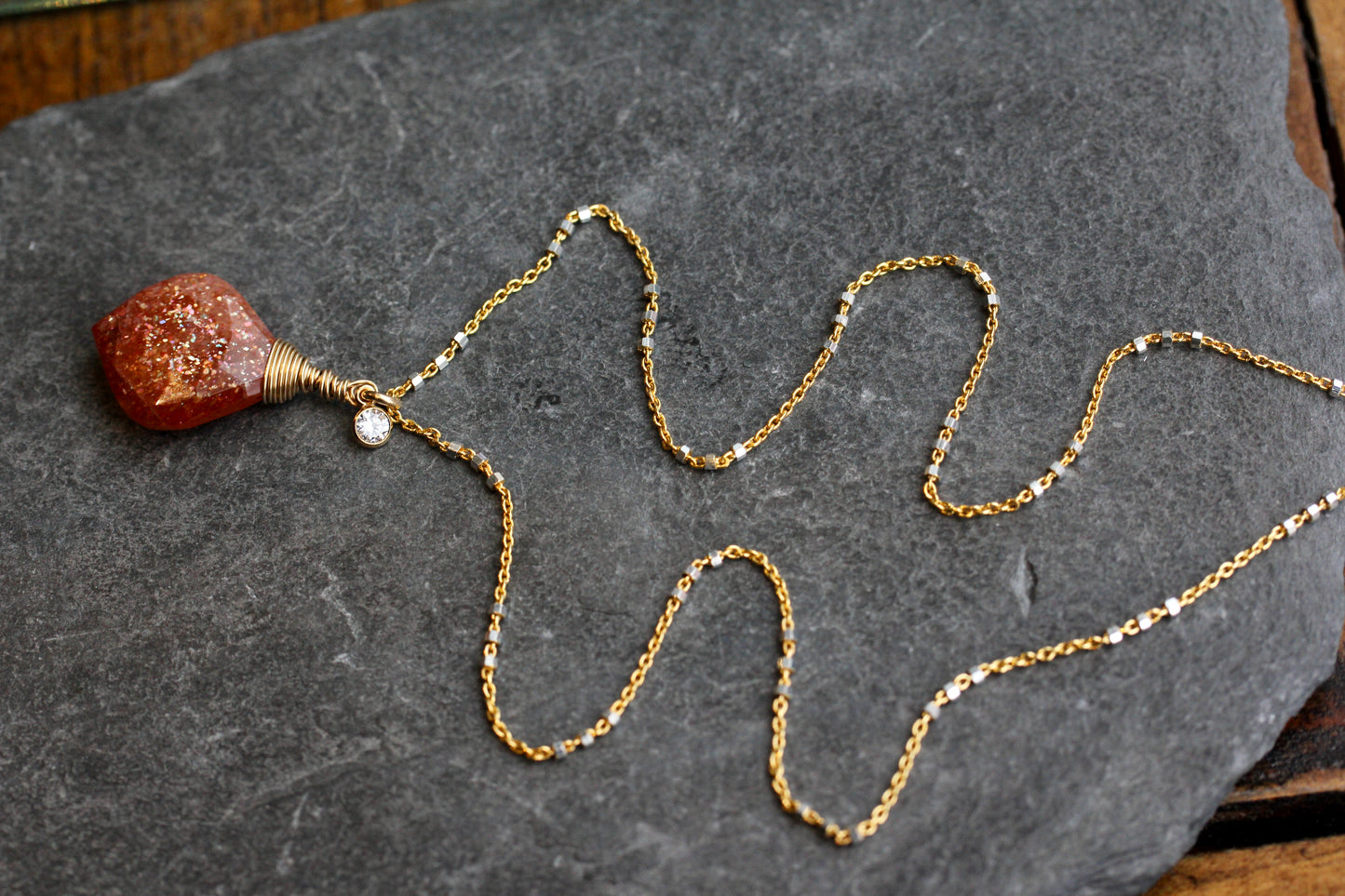 Sunstone Two Toned Necklace with Cubic Zirconia
