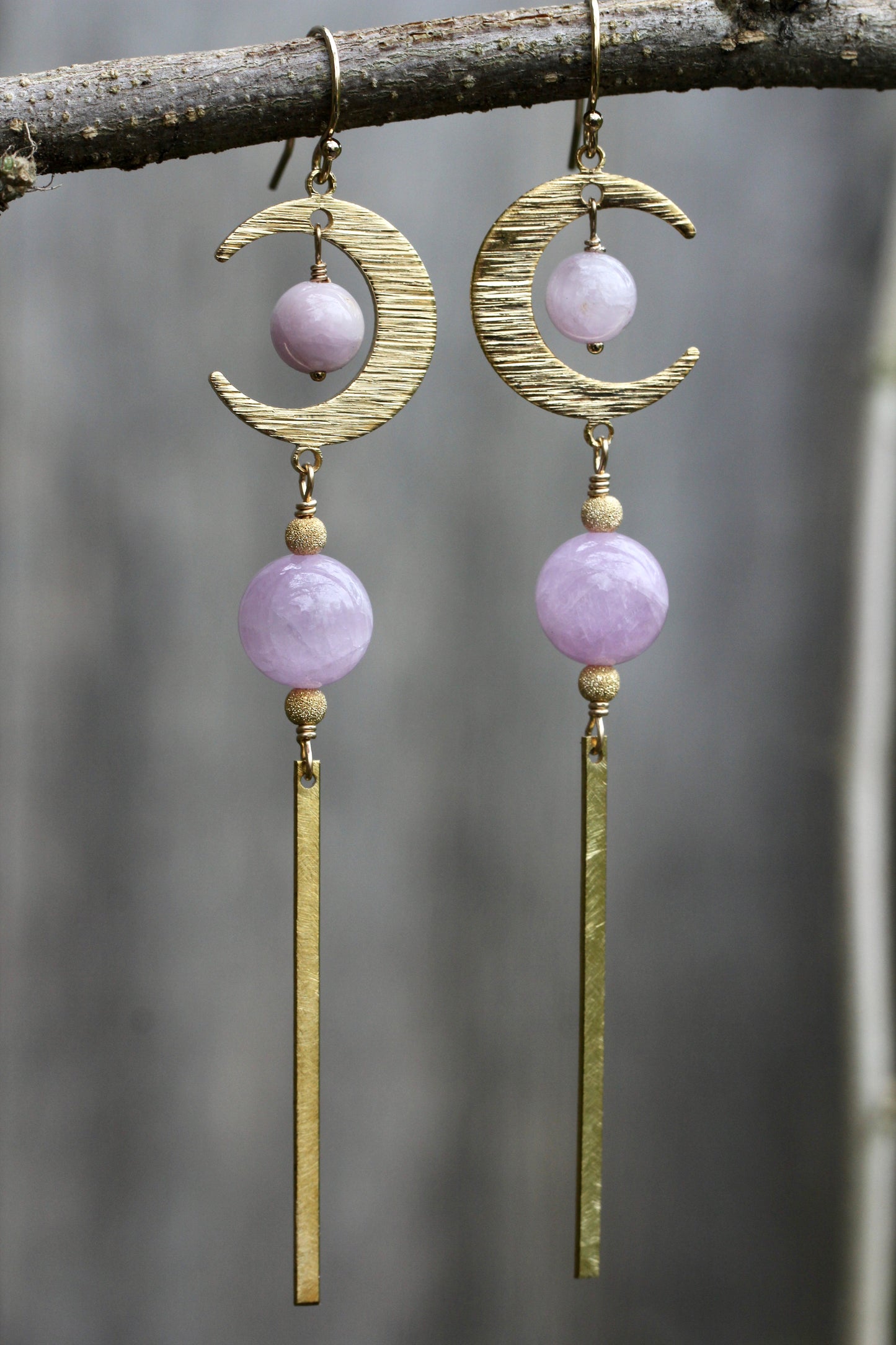 Brass Moon Kunzite Long Drop Earrings