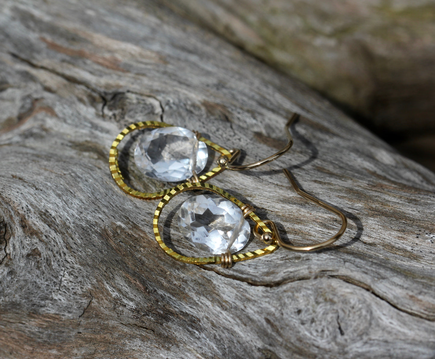 Rock Crystal Quartz Brass Tear Drop Earrings