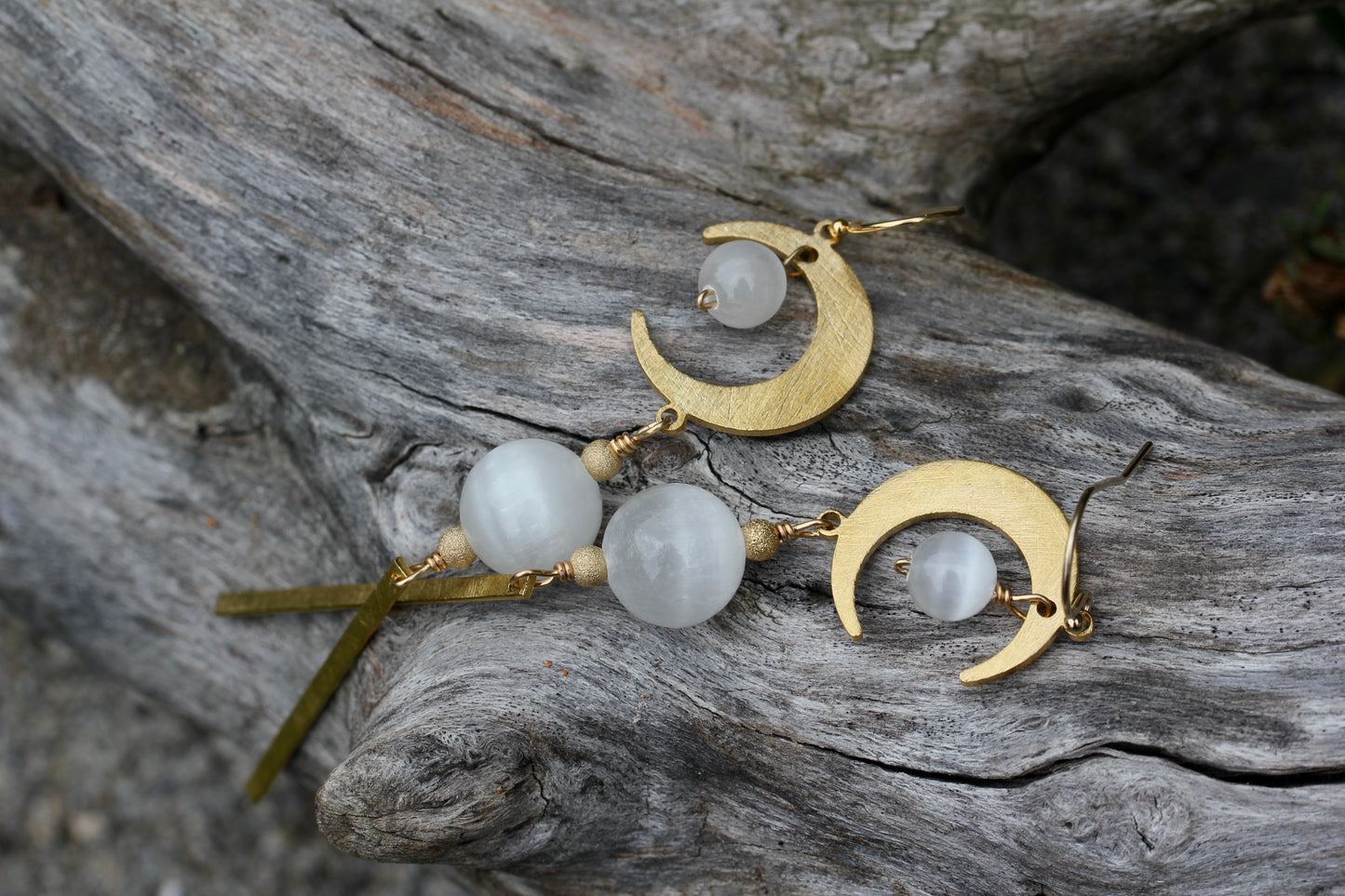 Brass Moon Selenite Long Drop Earrings