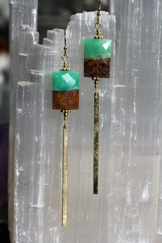 Chrysoprase Rectangle Brass Bar Drop Earrings