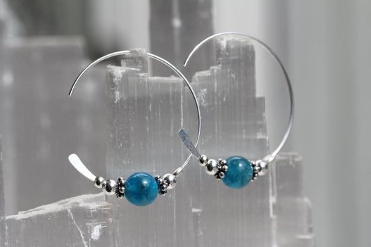 Blue Apatite Bali Silver Bead Hoops