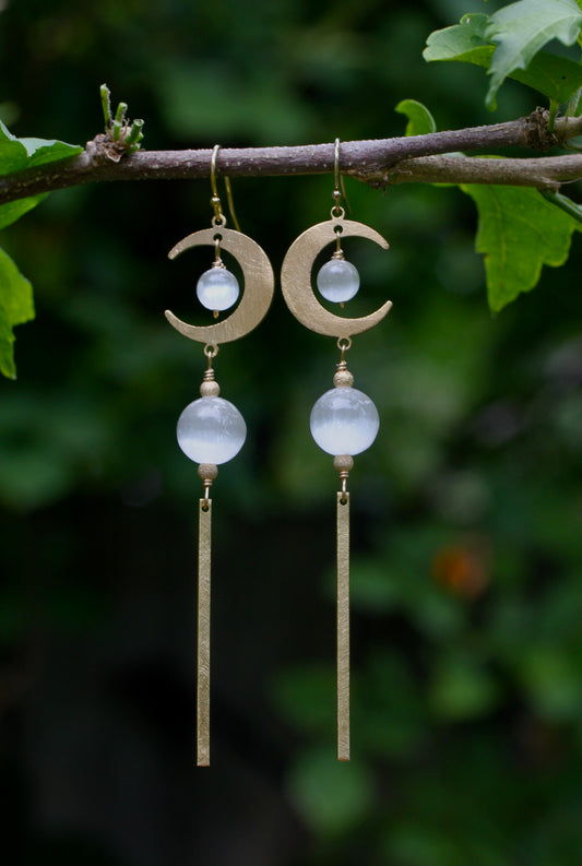 Brass Moon Selenite Long Drop Earrings