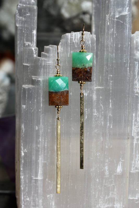 Chrysoprase Rectangle Brass Bar Drop Earrings