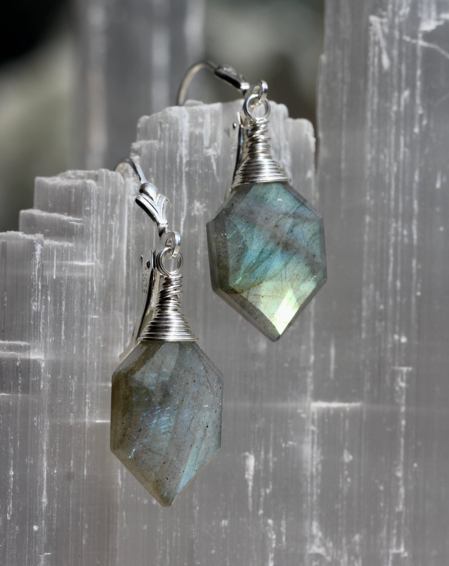 Labradorite Hexagonal Silver Wrap Earrings