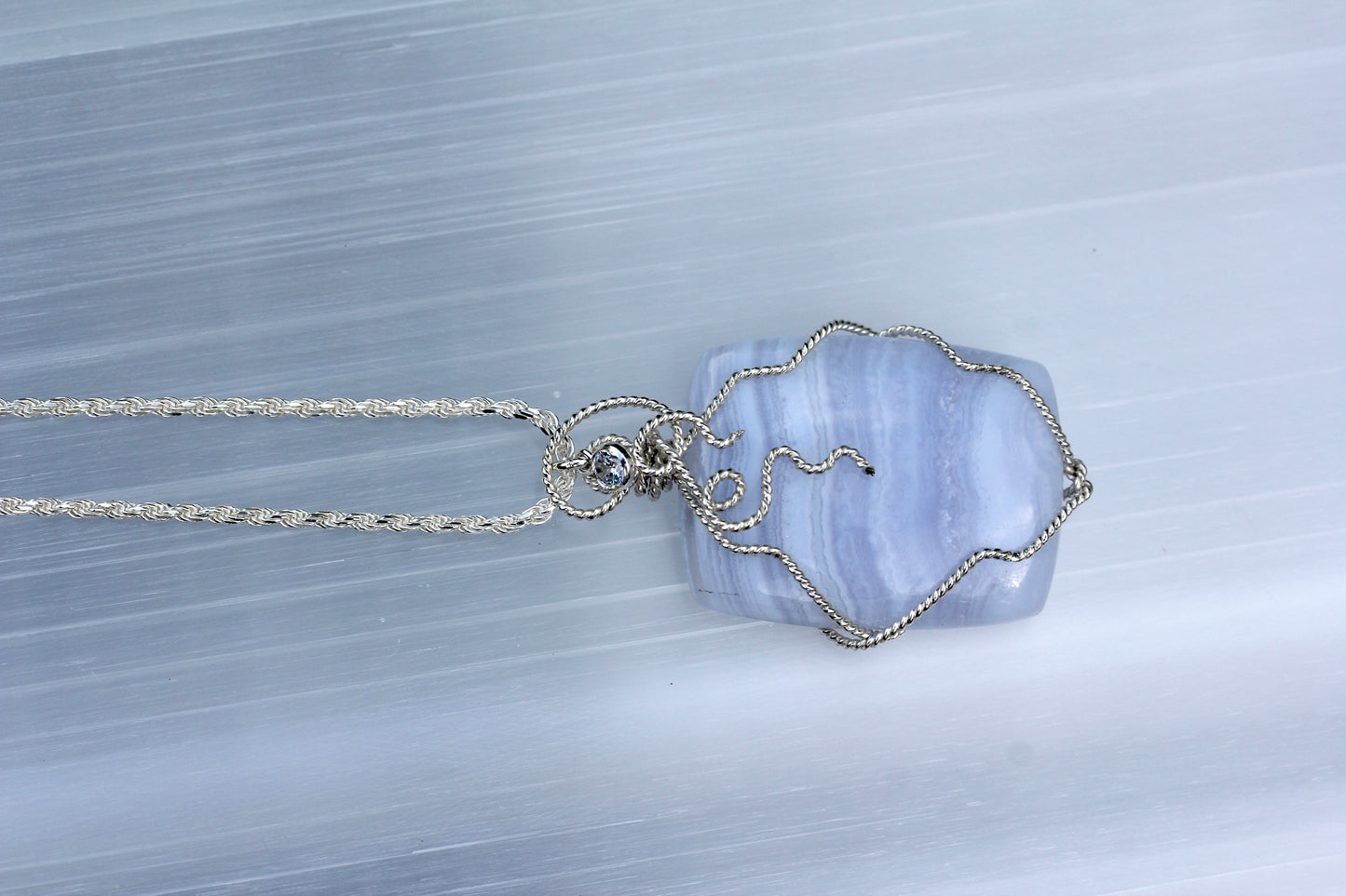 Blue Lace Agate Silver Swirl Necklace