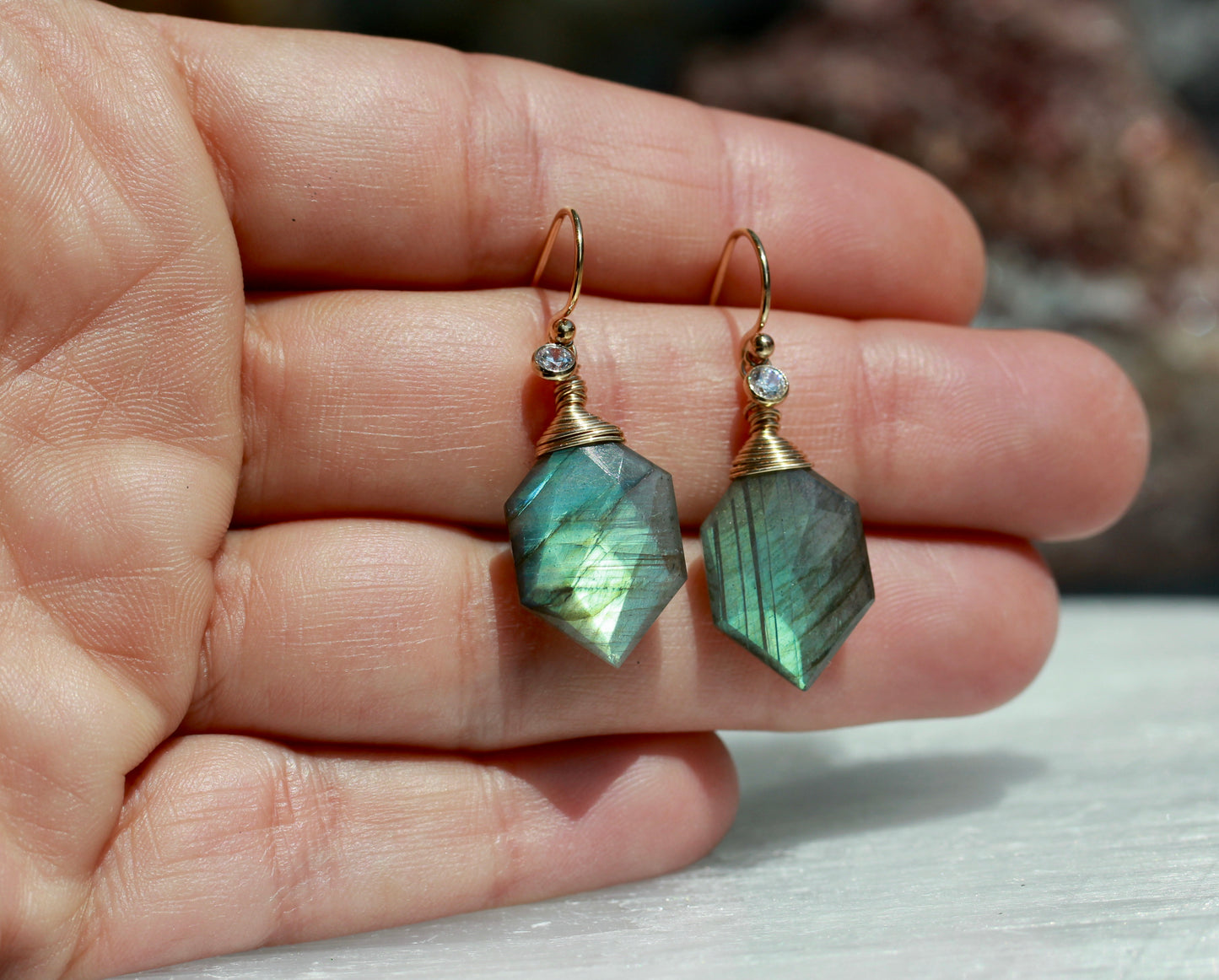 Labradorite Hexagonal Gold Wrap Earrings