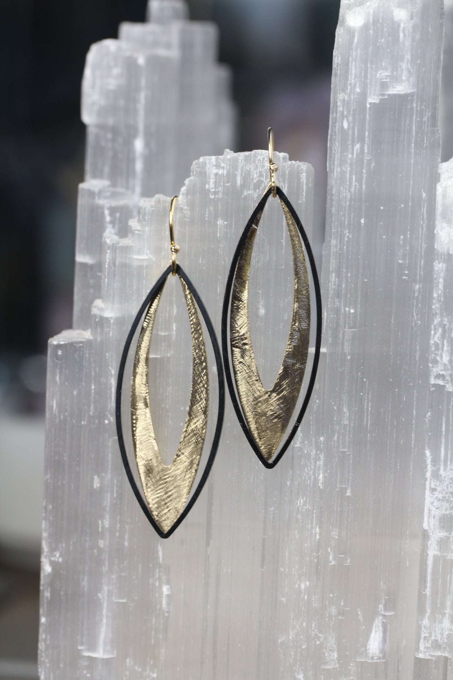 Black and Gold Brass Marquis Earrings