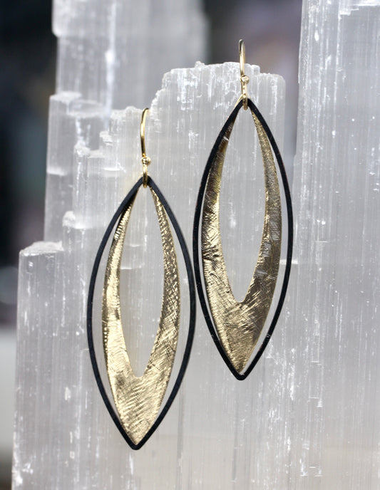Black and Gold Brass Marquis Earrings
