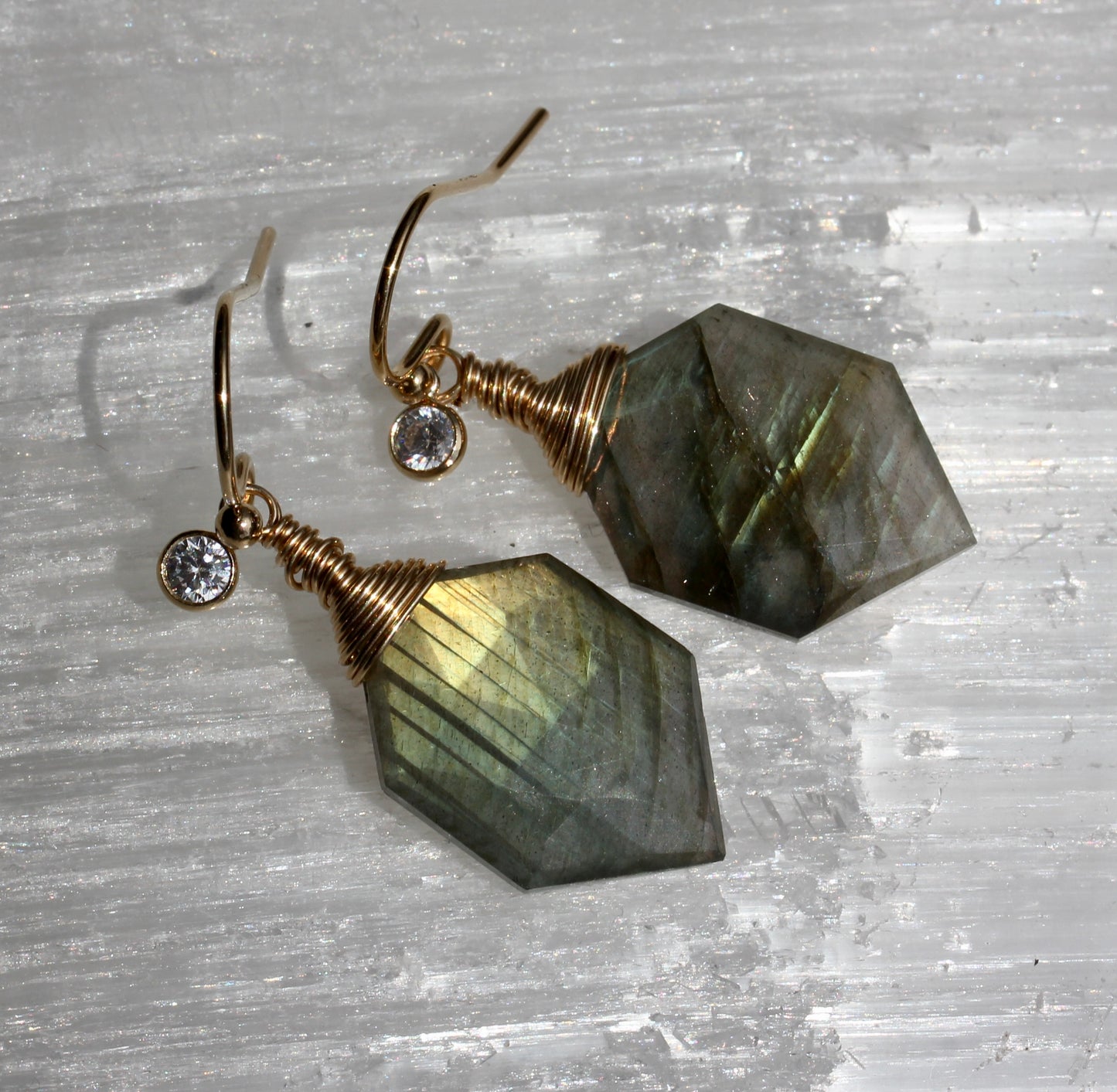Labradorite Hexagonal Gold Wrap Earrings
