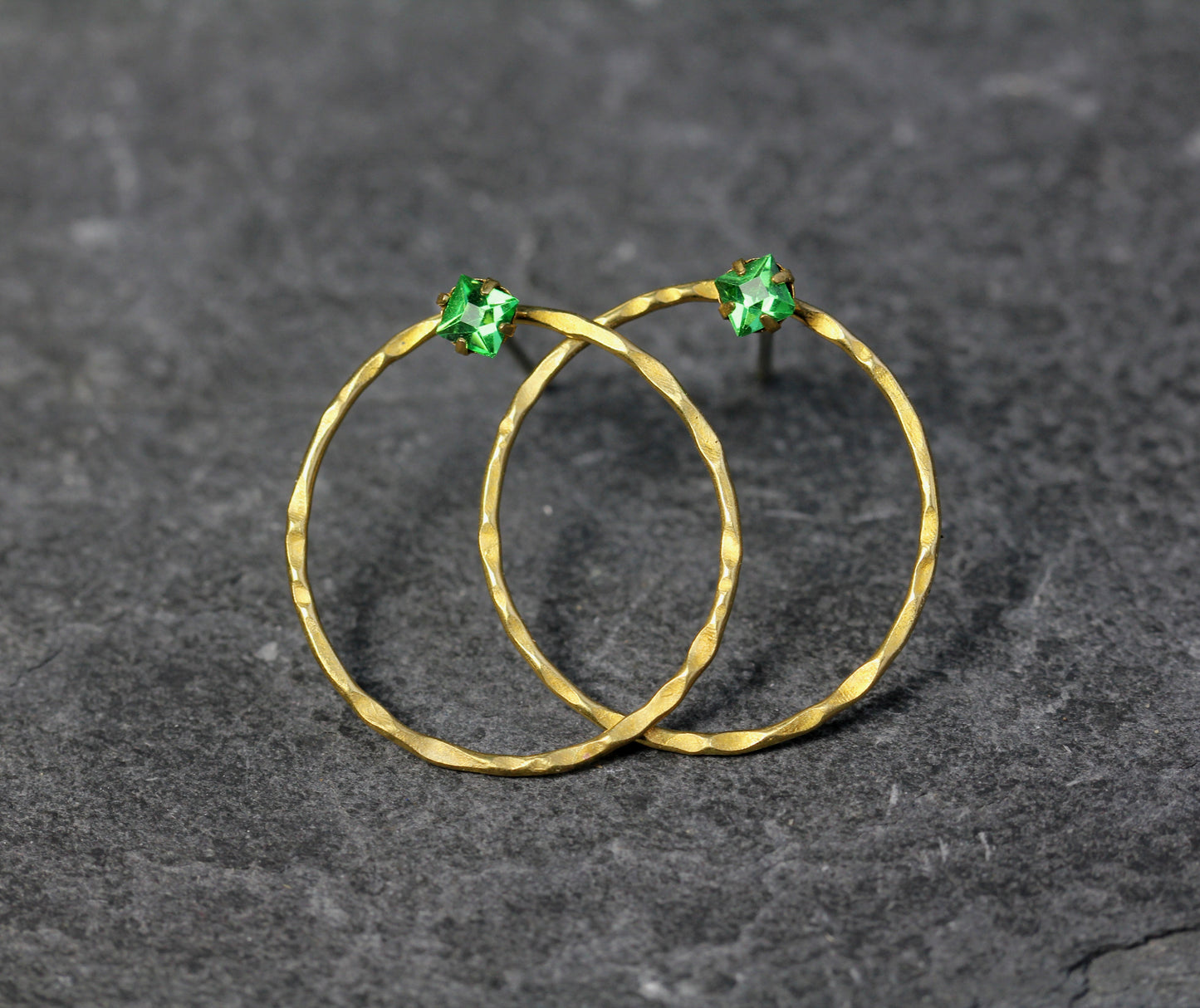 Hammered Brass Green Crystal Hoop Post Earrings